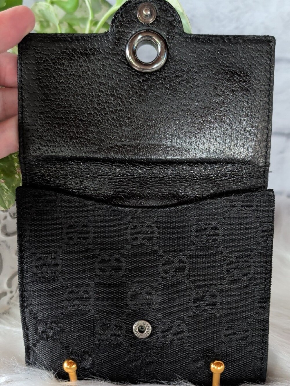 Authentic Gucci Black Monogram Canvas Compact Wallet with Silver-Tone Disc Snap - Picture 3 of 12